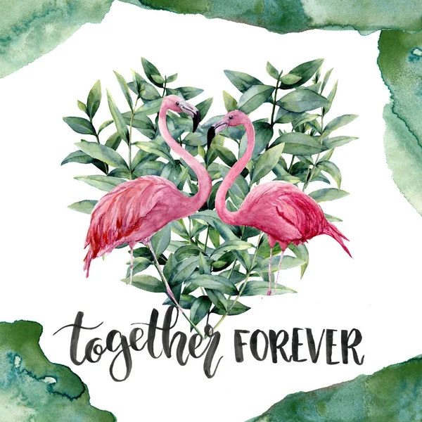 Akvarell-alla hjärtans dag kort med flamingo. Handmålade blommigt hjärta med eucalyptus blad och rosa fåglar isolerad på vit bakgrund. Grupp för evigt bokstäver. För design, tyg, kort. — Stockfoto