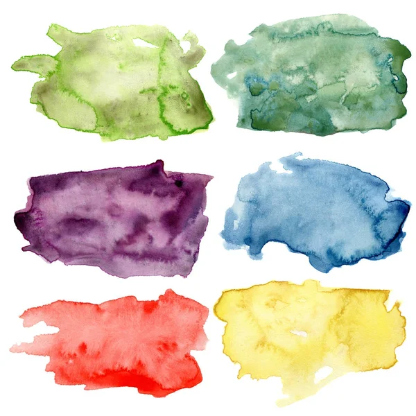 Set de manchas de acuarela. Elementos abstractos pintados a mano en verde, violeta, rojo, amarillo Aislados sobre fondo blanco. Para diseño e impresiones . —  Fotos de Stock