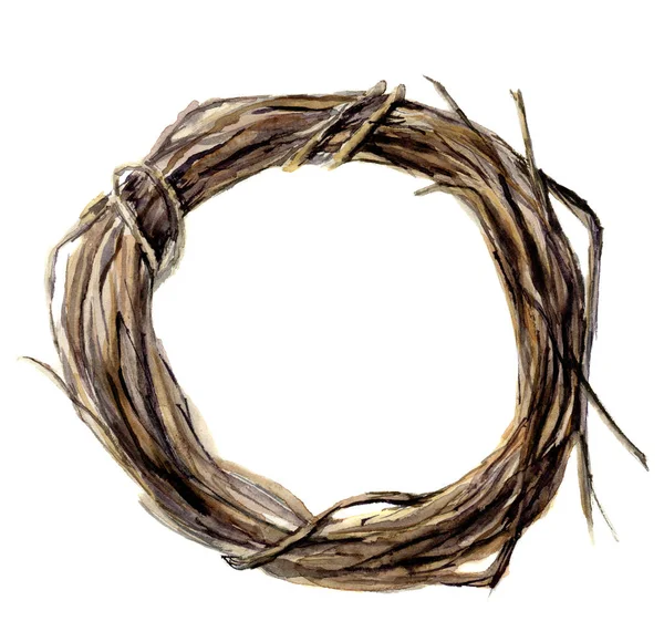 Corona de ramita pintada a mano en acuarela. Corona de madera para diseño y fondo — Foto de Stock