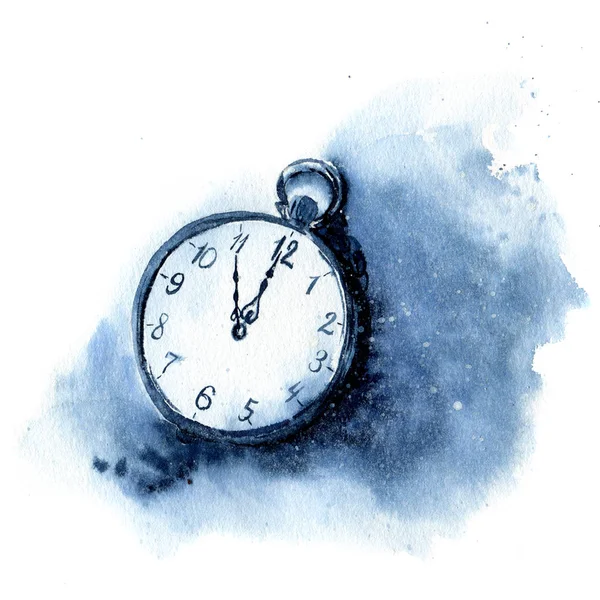 Aquarell Jahrgangsuhr. Weihnachtsillustration mit Schnee und Taschenuhr isoliert auf weißem Hintergrund. Fünf Minuten vor zwölf Uhr des neuen Jahres. für Design oder Druck — Stockfoto