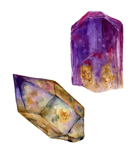 水彩紫の宝石セット。アメジストと rauchtopaz の石は、白い背景で隔離。デザイン、プリントまたはバック グラウンドの — ストック写真