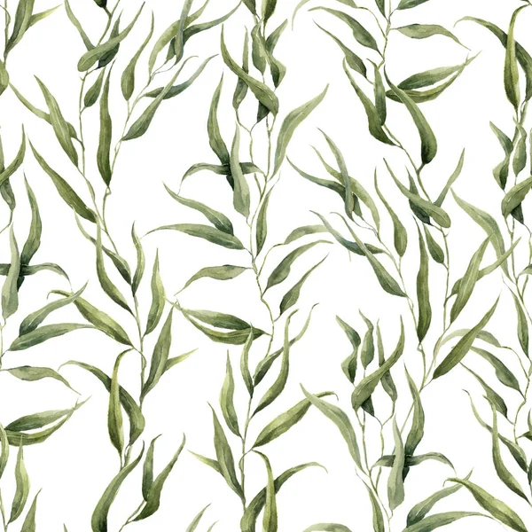 Patrón sin costura floral verde acuarela con hojas de eucalipto. Patrón pintado a mano con ramas y hojas de eucalipto aisladas sobre fondo blanco. Para diseño o fondo — Foto de Stock