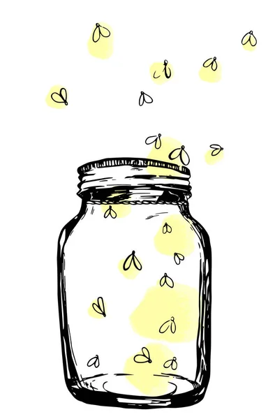 Jar with fireflies. Hand-drawn artistic illustration for design, textile, prints. — Stock Photo, Image