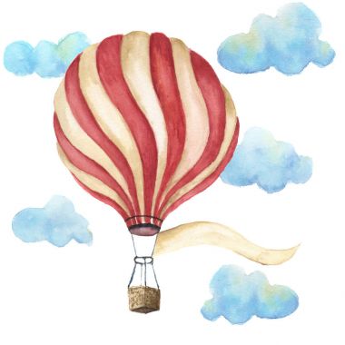 Suluboya sıcak hava balon seti. Bulutlar, metin ve retro tasarımı için banner ile çizilmiş vintage hava balonları ver. Beyaz arka plan üzerinde izole illüstrasyonlar. Tasarım, baskı ve Tekstil.