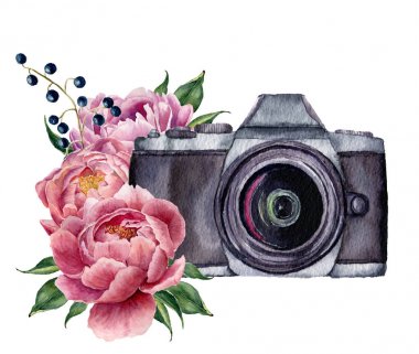Suluboya fotoğraf etiketi Şakayık çiçekleri ile. El çekilmiş fotoğraf makinesi peonies, çilek ve beyaz arka plan üzerinde izole yaprakları ile. Tasarım, logo, parmak izi veya arka plan için