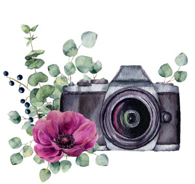 Suluboya fotoğraf etiketi ile anemon çiçeği ve okaliptüs. Beyaz arka plan üzerinde izole çiçek tasarım ile el çekilmiş fotoğraf makinesi. Tasarım, logo, parmak izi veya arka plan için