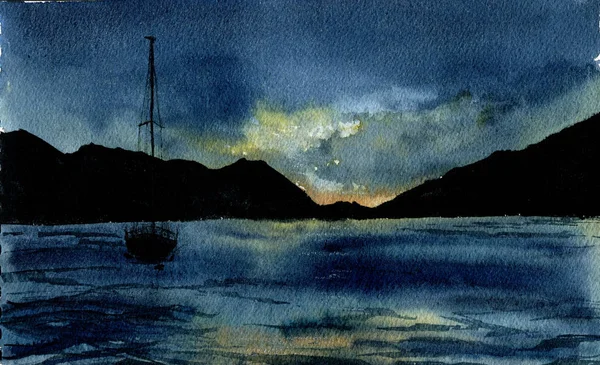 Ακουαρέλα θαλασσινό τοπίο με γιοτ. Το χέρι συντάσσονται νύχτα θάλασσα εικ — Φωτογραφία Αρχείου