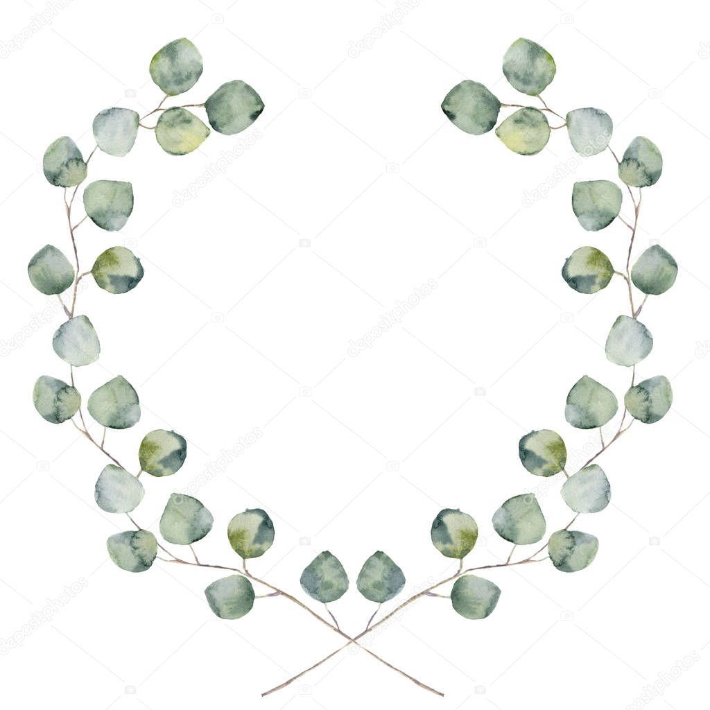 Watercolor floral border with baby and silver dollar eucalyptus leaves. Hand painted floral wreath with branches, leaves of eucalyptus isolated on white background. For design or background