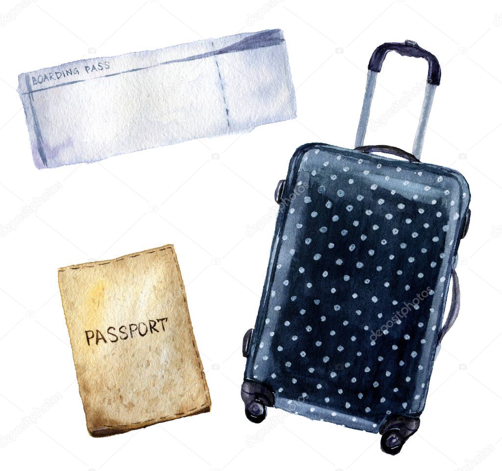 Watercolor travel, tourist objects set including passport, ticket, polka dot baggage. Hand painted illustration isolated on white background. For design, textile and background. 