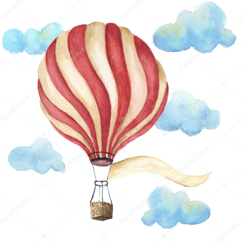 Watercolor hot air balloon set. Hand drawn vintage air balloons with  clouds, banner for your text and retro design. Illustrations isolated on white background. For design, print and textile.