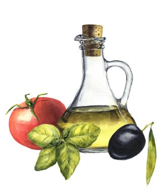 Sulu Boya Akdeniz popüler gıda: domates, fesleğen, zeytin ve zeytin yağı.
