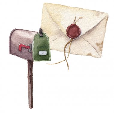 Mühür mumu ve postbox suluboya retro zarf. Beyaz arka plan üzerinde izole vintage posta simgesi. El boyalı tasarım öğesi.