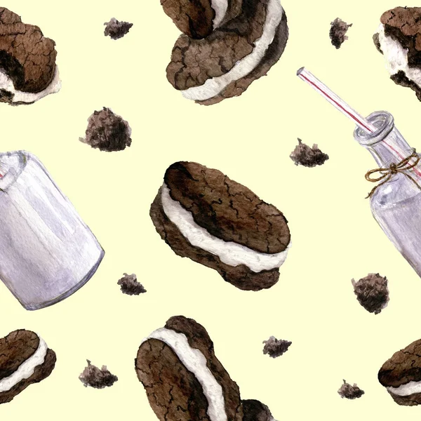 Akvarell mönster med flaska mjölk och kakor. Realistiska artisic illustration. — Stockfoto