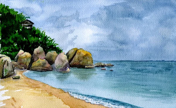 景观.水彩背景。苏梅岛 — 图库照片