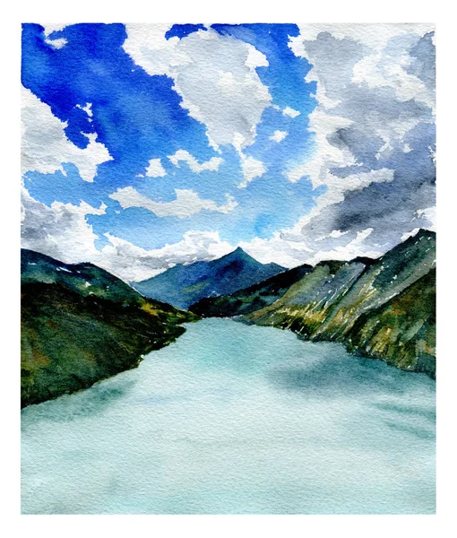 Paysage aquarelle. Lac, montagnes et ciel nuageux . — Photo