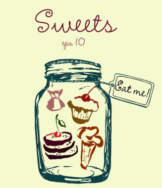 Tatlılar ile jar, Eat bana etiket. Dondurma, tatlılar, kek ve krep. Sanatsal çizilmiş vektör çizim tasarım, tekstil, baskı için.