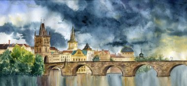 Suluboya el Praha ve Karlov boyama çoğu. Illlustration Kulesi ve köprünün şehir görüntüsü ile.