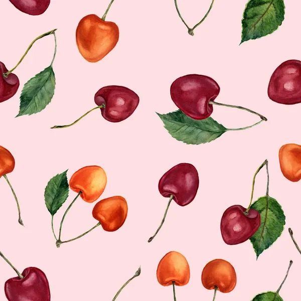 Aquarel cherry naadloze patroon. Aquarel kersen geïsoleerd op roze achtergrond. Voor ontwerp-, textiel- en achtergrond. — Stockfoto