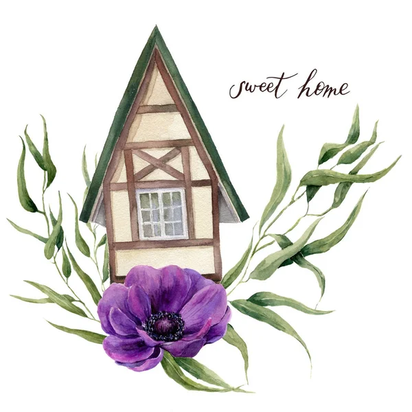 Doce casa ilustração aquarela. Casa aquarela em estilo alpino com folhas de eucalipto e flores de anêmona isoladas em fundo branco. Elemento pintado à mão. Para design, têxtil e fundo . — Fotografia de Stock