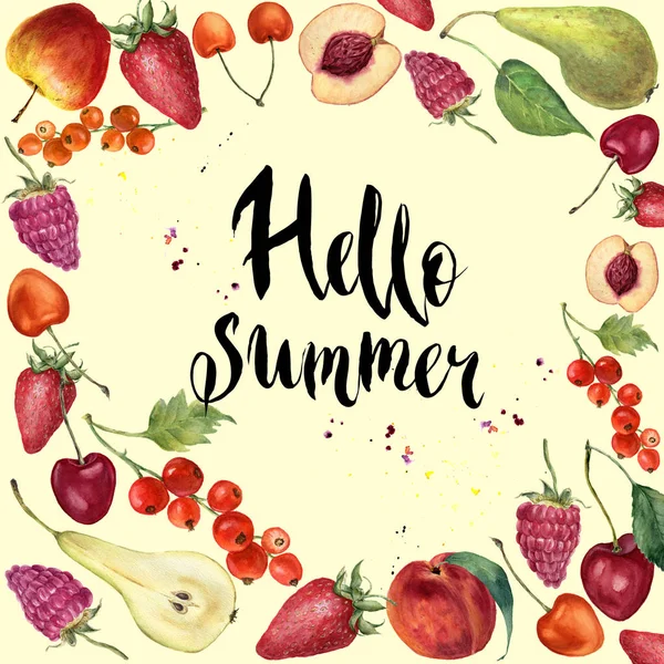 Aquarell Fruchtrahmenkarte hallo Sommer. Handbemalter Rand mit Früchten und Beeren. Botanisches Design. für Druck, Hintergrund und Poster — Stockfoto