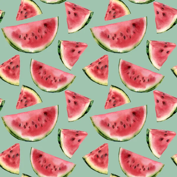 Aquarel watermeloen semless patroon. Hand geschilderde watermeloen segment geïsoleerd op pastel blauwe achtergrond. Zoete dessert. Voedsel illustratie voor ontwerp, afdrukken of stof. — Stockfoto