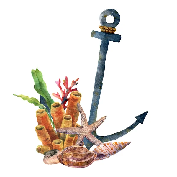 Aquarel anker met zeester en koraal. Handgeschilderde onderwater illustratie met laminaria branch, koraalrif en shell geïsoleerd op een witte achtergrond. Nautische illustratie voor ontwerp. — Stockfoto