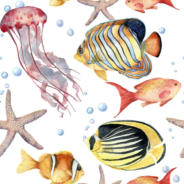 Sulu Boya Dikişsiz desen balık ile. El tropikal balık, deniz yıldızı, Deniz anası ve hava kabarcıkları boyalı. Deniz gösterim amacıyla tasarım, yazdırma veya arka plan. — Stok fotoğraf