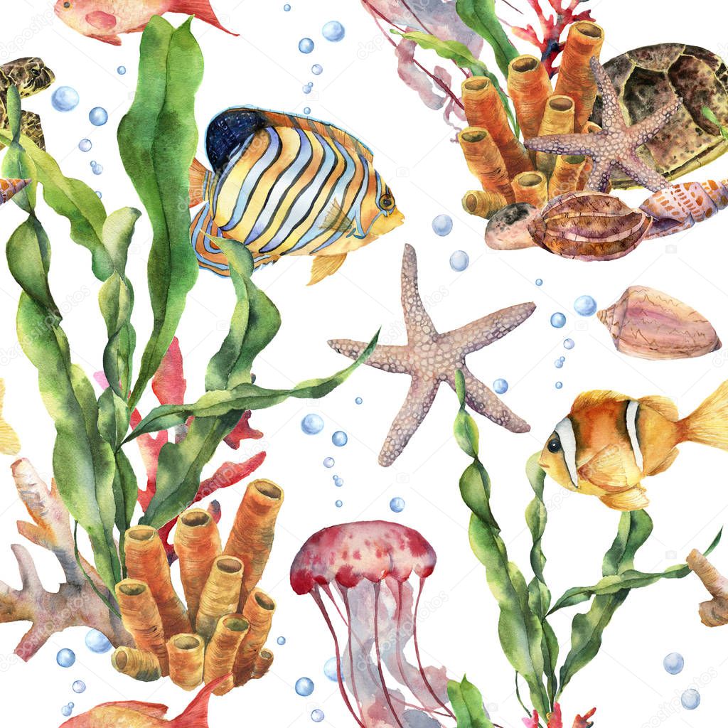 Watercolor seamless pattern with laminaria branch, coral reef and sea animals. Hand painted jellyfish, starfish, tropical fish, air and shell. Nautical illustration for design, print or background.