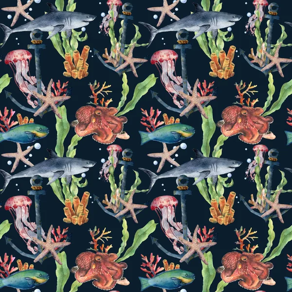 Watercolor seamless pattern with shark and laminaria branch. Hand painted parrotfish, starfish, jellyfish, octopus, coral reef and air bubbles on blue background. Nautical illustration for design. — Stock Photo, Image