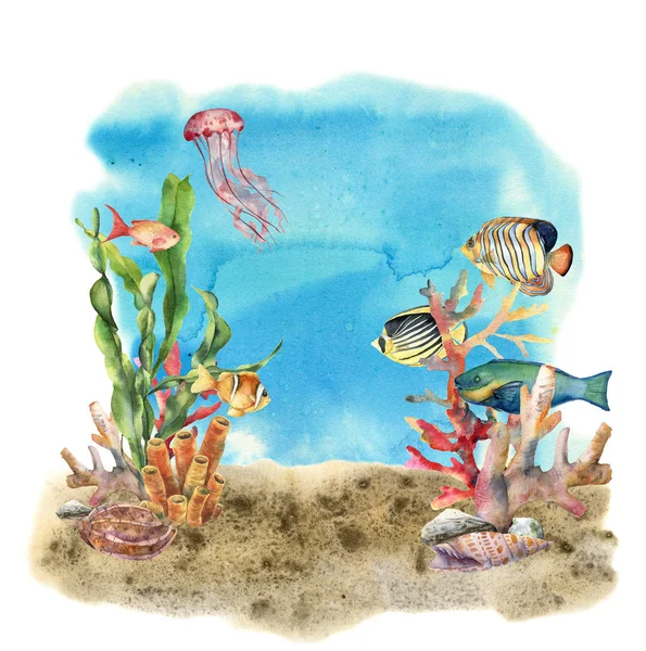 Watercolor coral reef border and propical fish. Hand painted underwater illustration with laminaria branch, fish and shell isolated on ocean background. Nautical illustration for design or print. — Stock Photo, Image