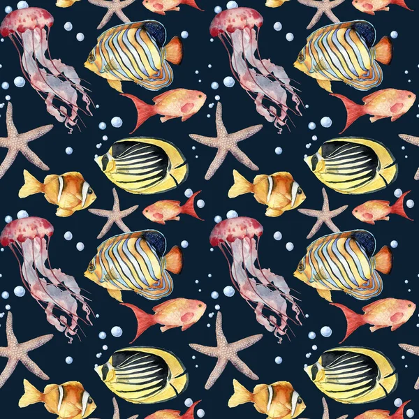 Watercolor seamless pattern with fish on blue background. Hand painted tropical fish, starfish, jellyfish, and air bubbles. Nautical illustration for design, print or background. — Stock Photo, Image