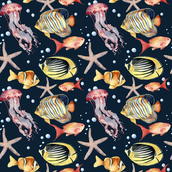 Watercolor seamless pattern with fish on blue background. Hand painted tropical fish, starfish, jellyfish, and air bubbles. Nautical illustration for design, print or background.