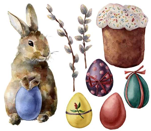 Acquerello simboli pasquali impostati con uova e coniglio. Uova dipinte a mano, ramo di salice figa, torta di Pasqua, coniglio isolato su sfondo bianco. Illustrazione vacanze per design e stampa . — Foto Stock