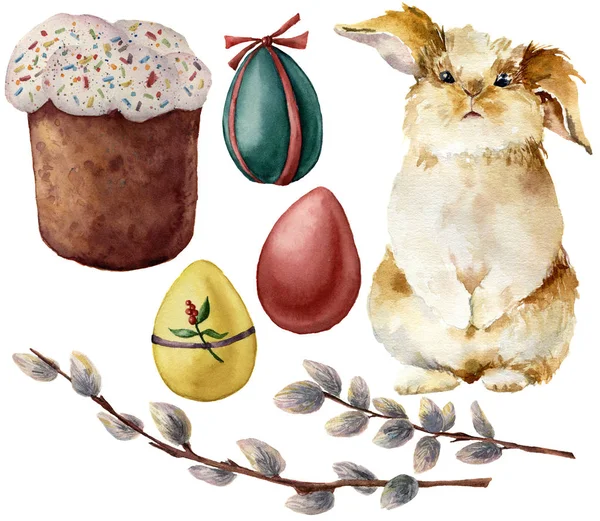 Акварельні великодні символи, встановлені з яйцями та кроликом. Ручні розфарбовані кольорові яйця, гілка верби, пиріг, ізольовані на білому тлі. Святкова ілюстрація для дизайну та друку . — стокове фото
