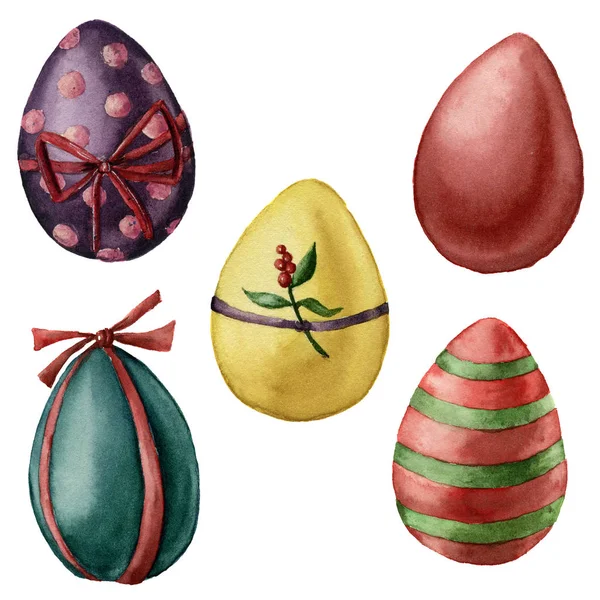 수채화 부활절 달걀을 설정합니다. 손 그린 장식으로 밝은 계란: 줄무늬, 리본, 폴카 도트. 휴일 그림 흰색 배경에 고립입니다. 디자인 또는 인쇄에 대 한 전통적인 기호. — 스톡 사진