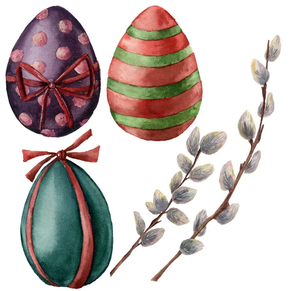 Akvarell påsken med ägg och willow gren. Handmålade sälg och ljusa ägg med inredning. Holiday illustration isolerade på vit bakgrund. Traditionella symboler för design eller Skriv ut. — Stockfoto