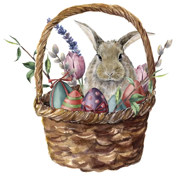 Watercolor easter card. Hand painted basket with colored eggs, bunny, lavender, tulip, willow and tree branch isolated on white background. Holiday print for design. — Stock Photo, Image