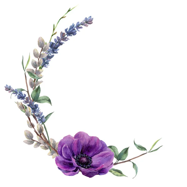 Aquarell Frühlingsblumenkranz. Handbemalte Bordüre mit Lavendel, Anemonenblume, Weide und Baumzweig mit isolierten Blättern auf weißem Hintergrund. Ostern florale Illustration für Design. — Stockfoto