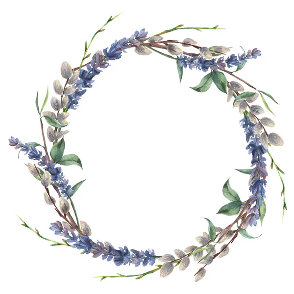 Watercolor spring wreath. Hand painted border with lavender, willow and tree branch with leaves isolated on white background. Easter floral illustration for design. — Stock Photo, Image