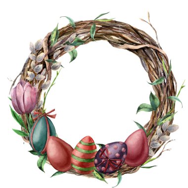 Paskalya yumurtaları ile suluboya ağaç çelenk. El willow, Lale ve ağaç dalı ile sınır beyaz arka plan üzerinde izole yaprakları ile boyalı. Paskalya çiçek gösterim amacıyla tasarım, yazdırma veya arka plan.