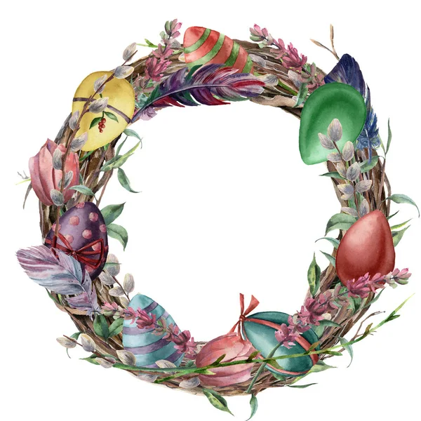 Suluboya ağaç çelenk Paskalya tüy ile. El willow, Lale ve ağaç dalı ile sınır beyaz arka plan üzerinde izole yaprakları ile boyalı. Paskalya çiçek gösterim amacıyla tasarım, yazdırma veya arka plan.