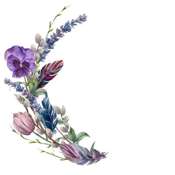 水彩画春羽花輪。手描きの白い背景で隔離の葉とラベンダー、パンジーの花、柳、チューリップと木の枝が付いているボーダー。イースター デザインの花のイラスト. — ストック写真
