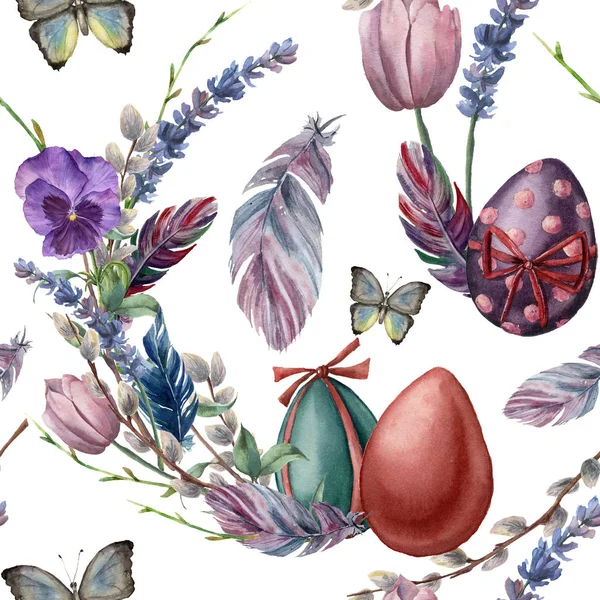 달걀과 깃털 수채화 완벽 한 패턴입니다. 손으로 그린 생생한 그림을 흰색 배경에 고립. 나비, 꽃, 나뭇가지와 나뭇잎 디자인 또는 직물에 대 한 그림. — 스톡 사진