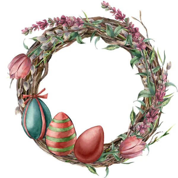 Watercolor tree wreath with easter lavender. Hand painted border with willow, tulip, eggs and tree branch with leaves isolated on white background. Easter floral illustration for design, print. — Stock Photo, Image