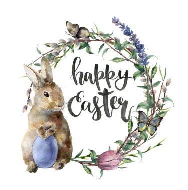 Bunny, kelebek ve yazı ile suluboya Paskalya kartı. Beyaz arka plan üzerinde izole yaprakları ile yumurta, lavanta, willow, Lale, ağaç dalı ile sınır el boyalı. Tasarım, baskı, arka planı için.