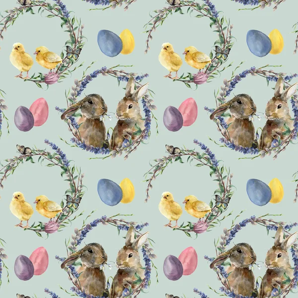 Modello di corona di Pasqua acquerello con coniglio. Pollo dipinto a mano con lavanda, salice, tulipano, uova di colore, farfalla e ramo d'albero isolato su sfondo bianco. Illustrazione vacanza per il design . — Foto Stock