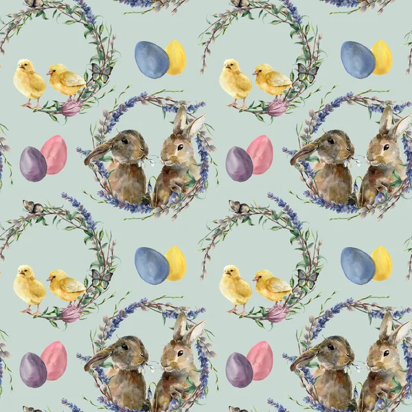 Watercolor easter wreath pattern with rabbit. Hand painted chicken with lavender, willow, tulip, color eggs, butterfly and tree branch isolated on white background. Holiday illustration for design.