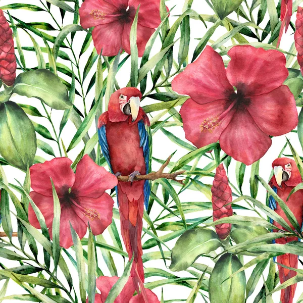 Modello tropicale ad acquerello con pappagallo. Ibisco dipinto a mano con foglie di palma isolate su sfondo bianco. Ornamento botanico per design, stampa, tessuto . — Foto Stock