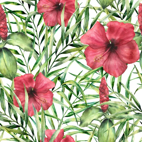 Patrón tropical de acuarela con hibiscos. Flores pintadas a mano con hojas de palma aisladas sobre fondo blanco. Adorno botánico para diseño, estampado, tela . — Foto de Stock