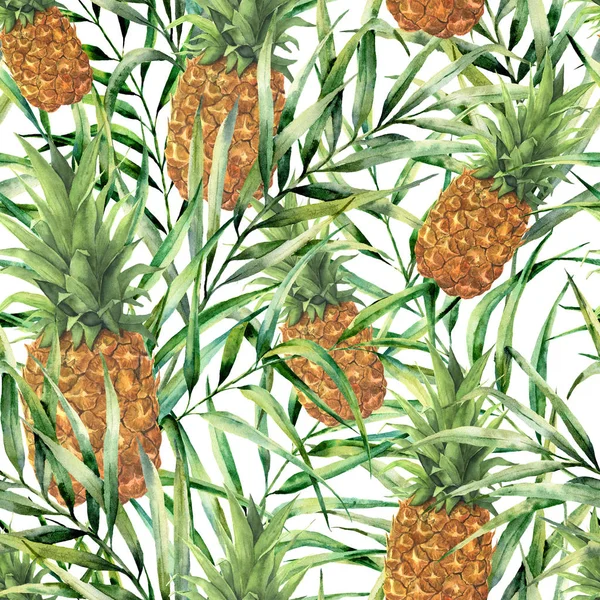 Akvarell tropiska mönster med saftig ananas. Handmålade tropisk frukt med palm lämnar isolerade på vit bakgrund. Mat botaniska illustration för design, print eller tyg. — Stockfoto